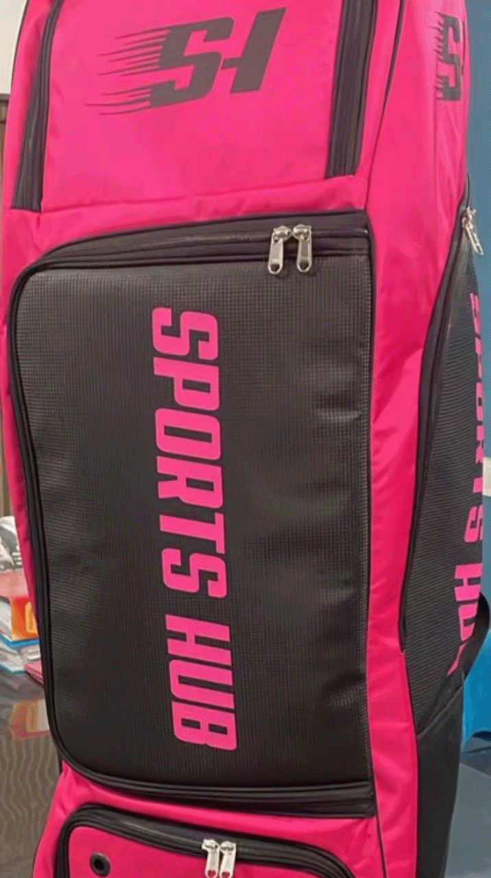 Front view of Sports Hub Pro Edition cricket kit bag highlighting the large storage compartment and secure integrated number lock.