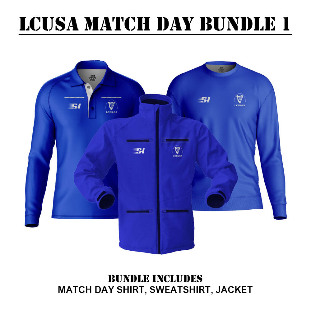 Blue sports outfit bundle with shirt, sweatshirt, and jacket on a white background
