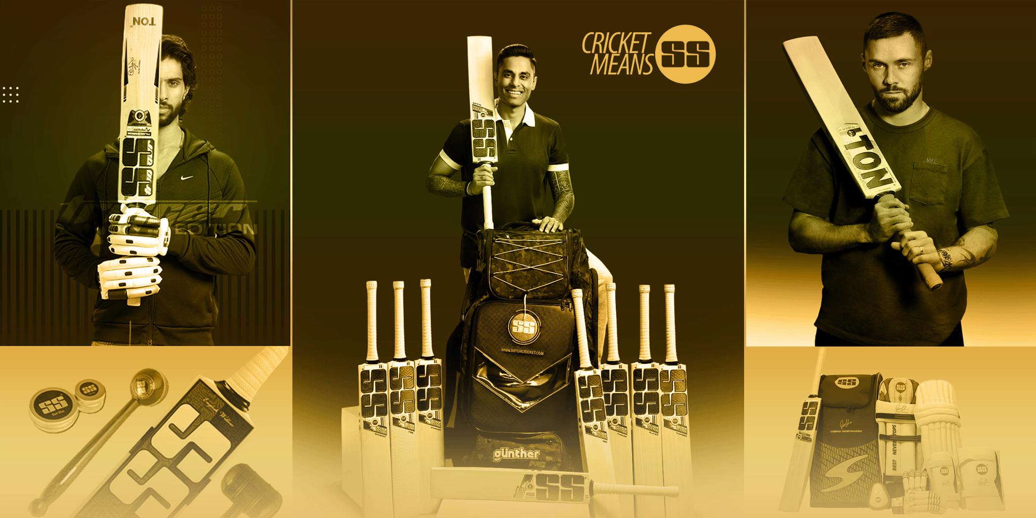 Collage of a man holding a cricket bat with 'Cricket Means SS' branding.