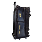 Black and blue sports bag with wheels on a white background