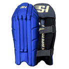 Front and rear view of navy blue Sports Hub Player Edition wicket keeping pads showing the ergonomic slim-fit design and gold branding.